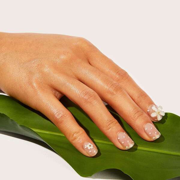 

Flower Decor Clear Fake Nails 24pcs With Tape