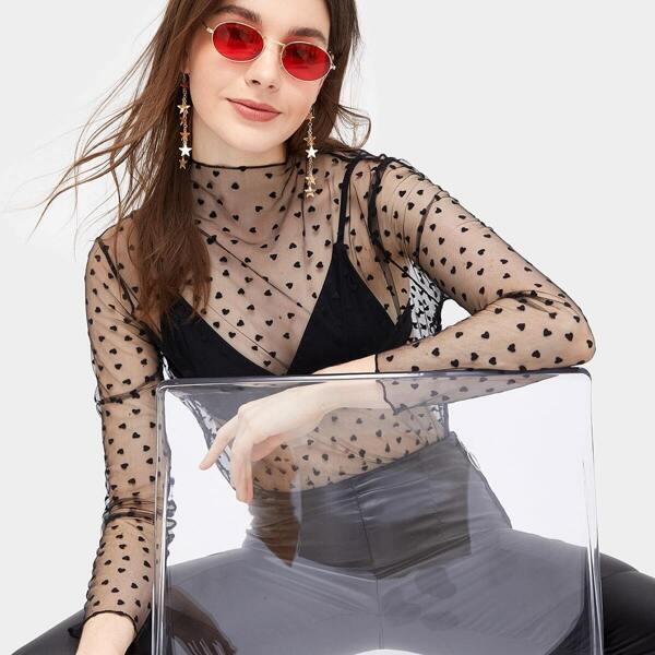 

Sheer Mesh Stand Collar Blouse