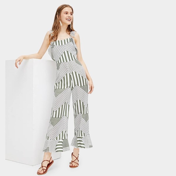 

Striped Panel Ruffle Trim Jumpsuit