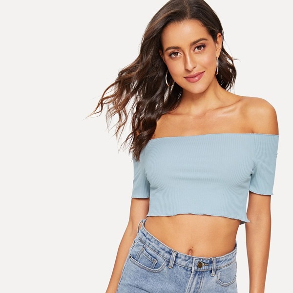 

Off Shoulder Rib-knit Crop Tee