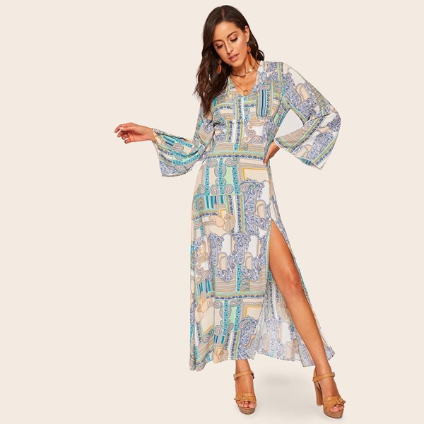 

Open Back Paisley Print Slit Dress, Multicolor