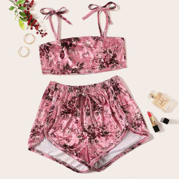 

Floral Print Knot Detail Velvet Pajama Set