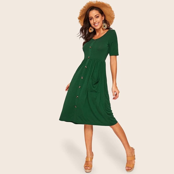 

Pocket Patched Single Breasted Hijab Dress