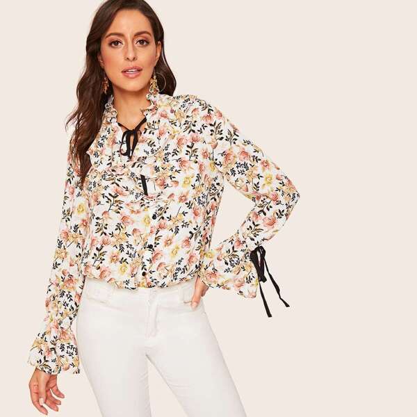

Tie Neck Bell Sleeve Floral Ruffle Blouse