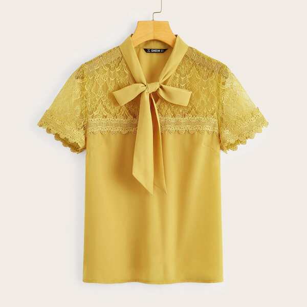 

Lace Insert Tie Neck Top