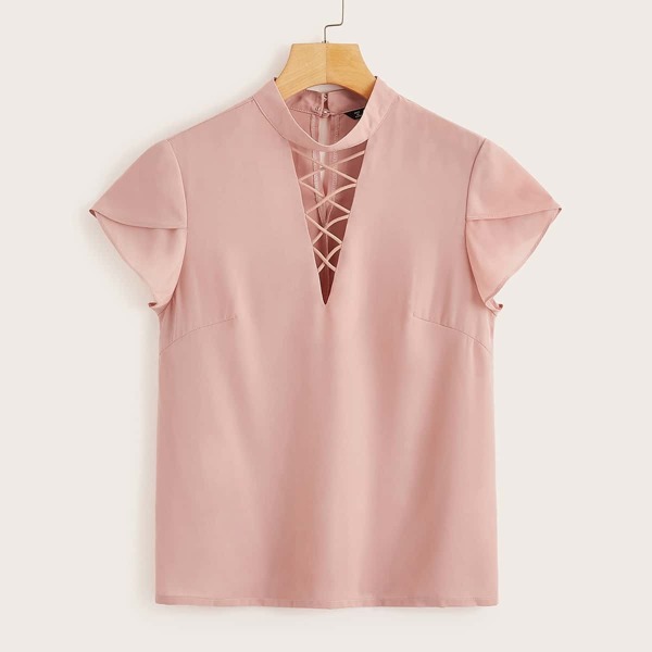 

Criss Cross Choker Neck Petal Sleeve Blouse
