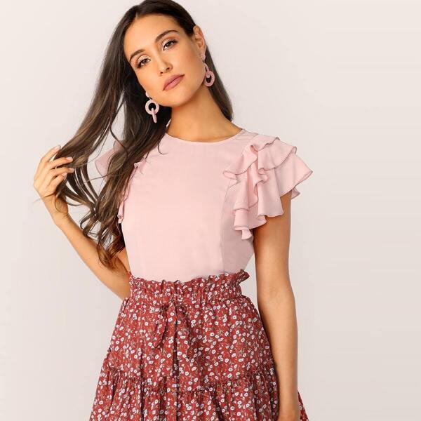 

Keyhole Back Layered Ruffle Sleeve Top