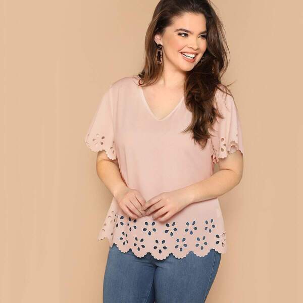 

Plus Laser Cut Scallop Trim V-neck Top