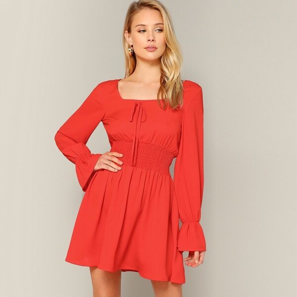

Flounce Sleeve Bow Smocked Waist Flare Dress