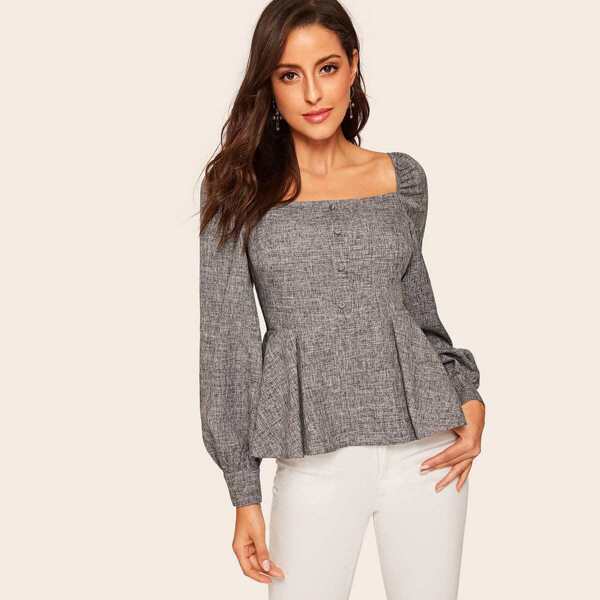 

Button Up Square Neck Peplum Blouse, Grey