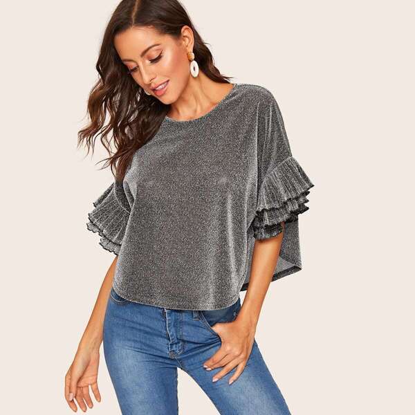 

Glitter Layered Ruffle Sleeve Crop Blouse