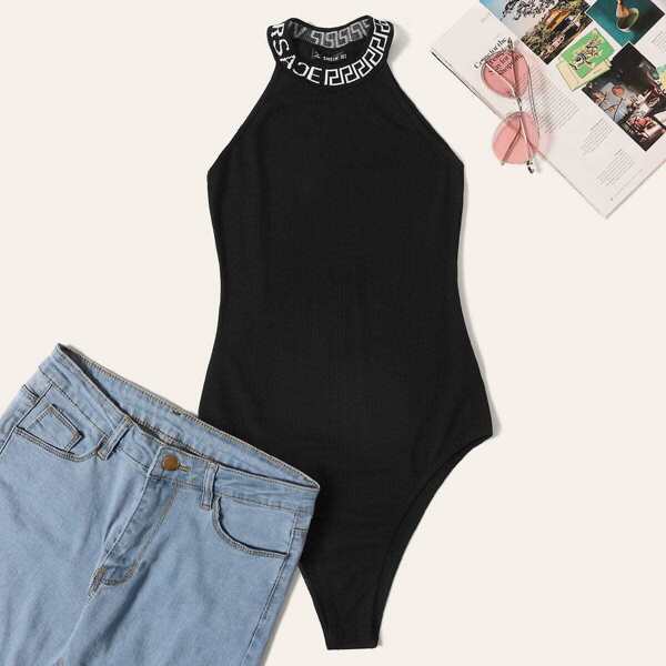 

Greek Fret Tape Ribbed Knit Halter Bodysuit
