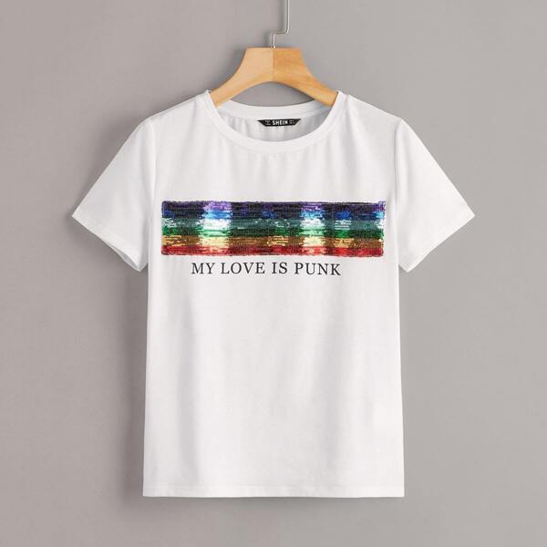 

Rainbow Sequins Stripe Letter Print Tee