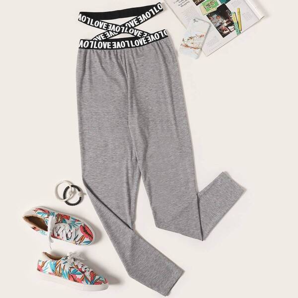 

Criss Cross Lettering Waist Heather Knit Leggings