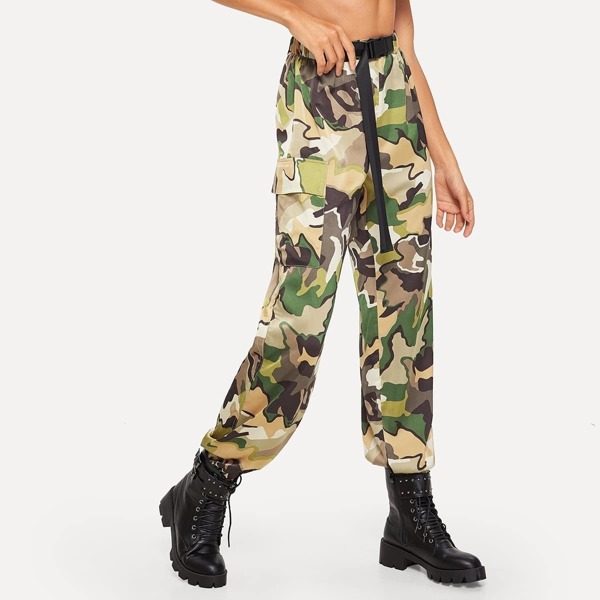 

Buckle Belted Pocket Patched Utility Camo Pants