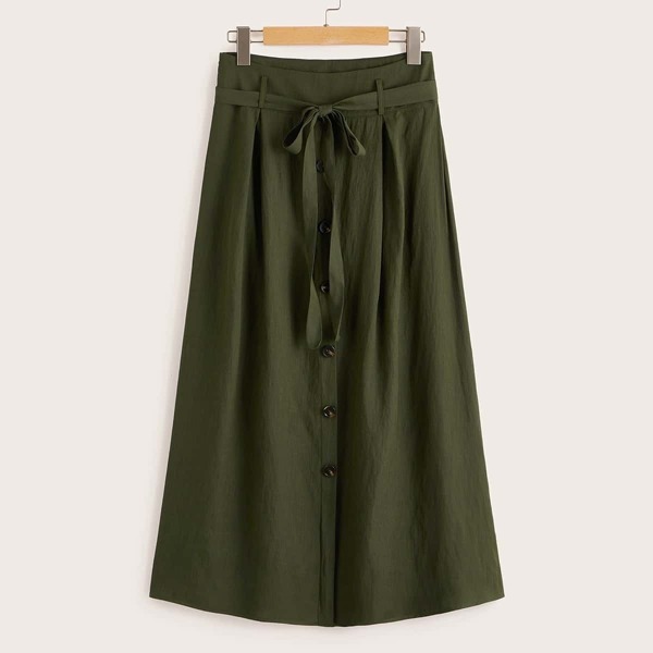 

Button Front Belted Solid Skirt, Army green