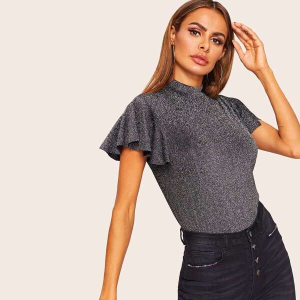 

Flutter Sleeve Mock-neck Glitter Tee