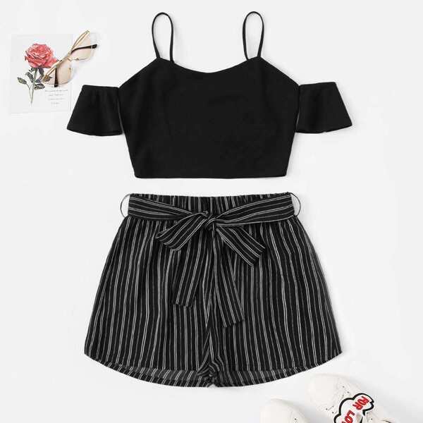 

Cold Shoulder Crop Top & Belted Pinstripe Shorts Set, Black