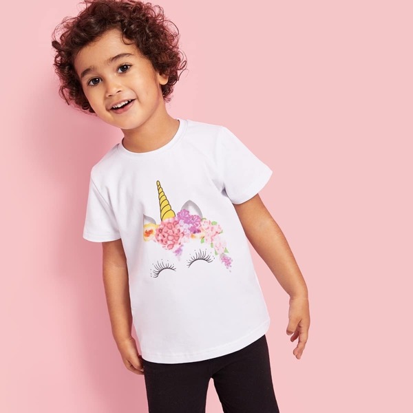 

Toddler Girls Floral & Cartoon Print Tee, White