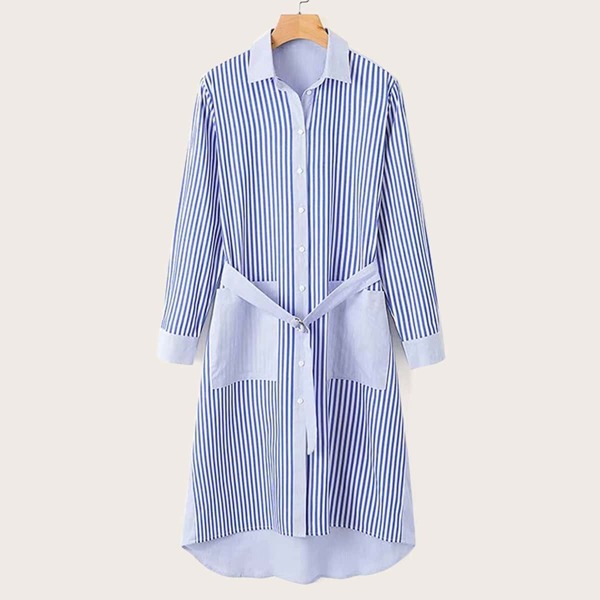 

Self Tie Stripe High Low Shirt Dress, Blue