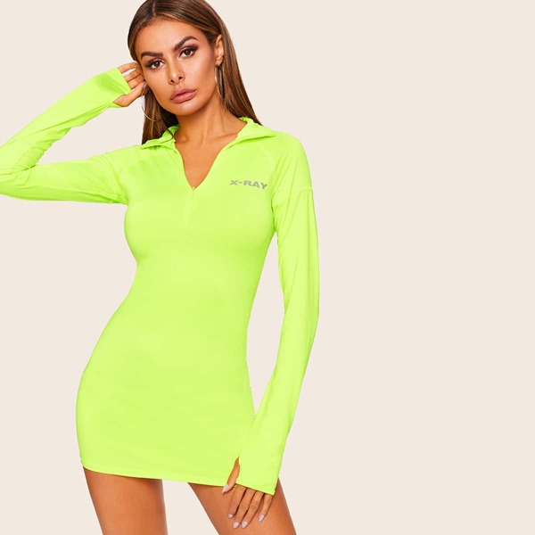 

Neon Lime Quarter Zip Bodycon Dress With Thumb Holes