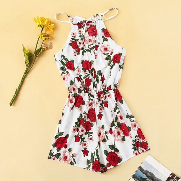 

Floral Print Drawstring Waist Cami Romper, White