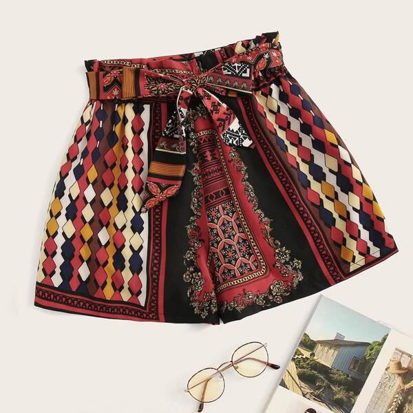 

Geo Print Belted Shorts, Multicolor