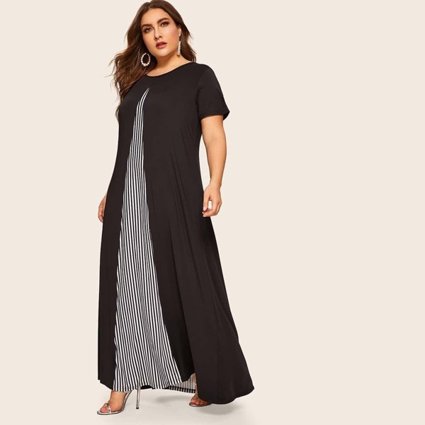 

Plus Contrast Striped Panel Maxi Dress, Black