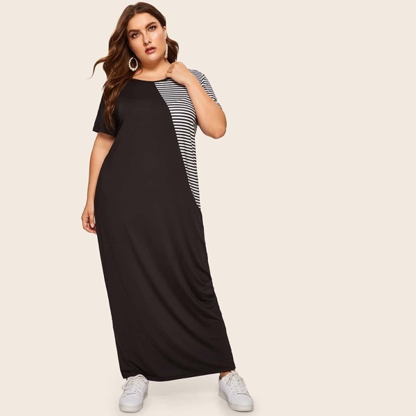 

Plus Contrast Striped Panel Maxi Dress