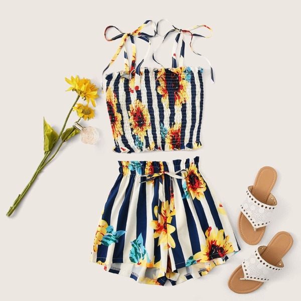 

Stripe And Floral Print Shirred Cami Top With Shorts, Multicolor