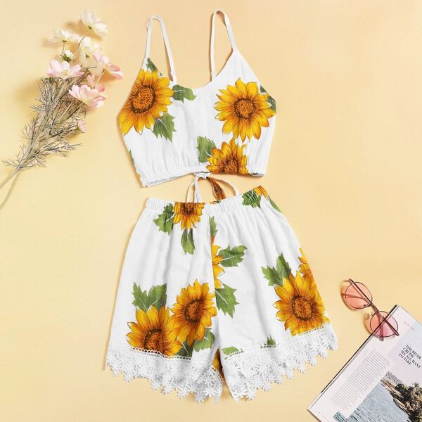 

Random Floral Print Lace-up Back Cami Top With Shorts