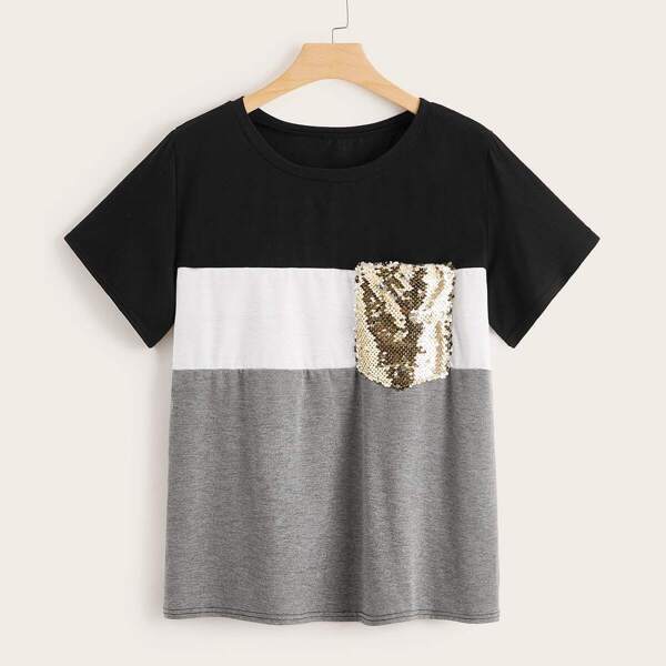 

Plus Cut And Sew Contrast Sequin Tee, Multicolor