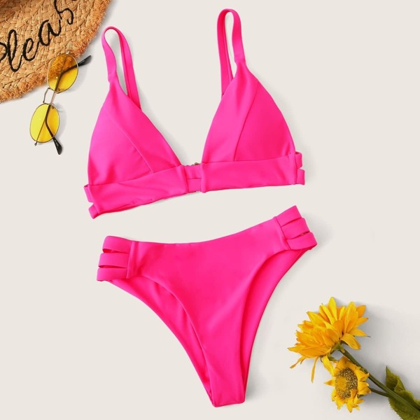 

Triangle Top With High Cut Bikini Set, Pink bright