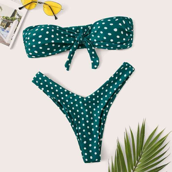 

Polka Dot Bandeau With High Cut Bikini Set