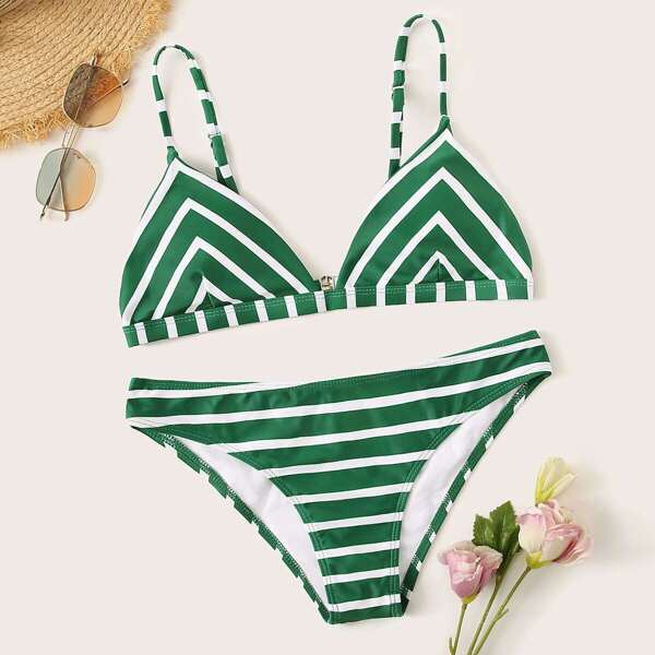 

Striped Triangle Top With Cheeky Bikini Set, Green