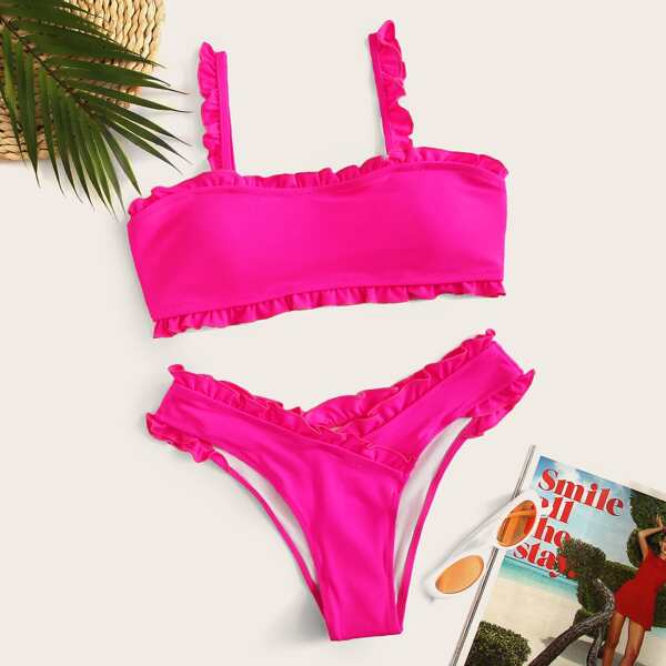 

Neon Hot Pink Frill Trim Bikini Set