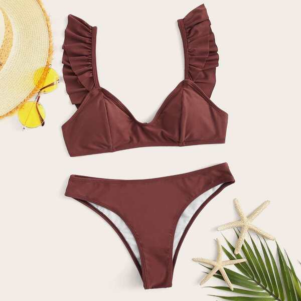 

Ruffle Strap Top With Panty Bikini Set
