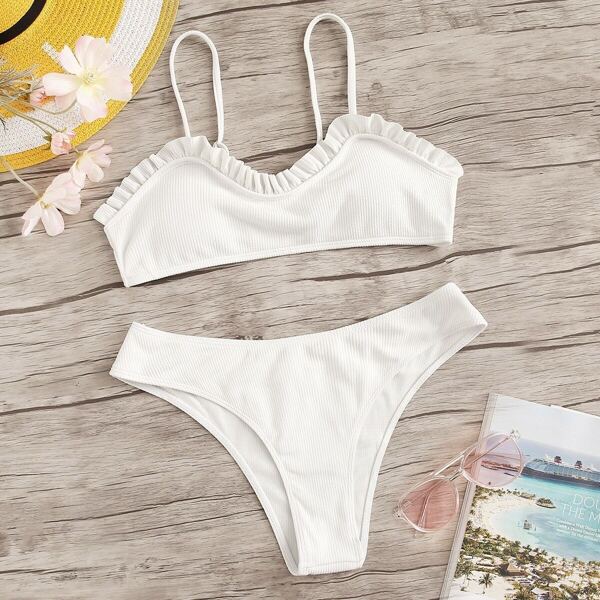 

Frill Trim Ribbed Bikini Set