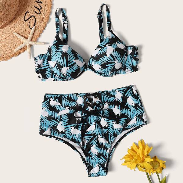 

Random Tropical Underwire Top With Lace-up Bikini Set, Multicolor