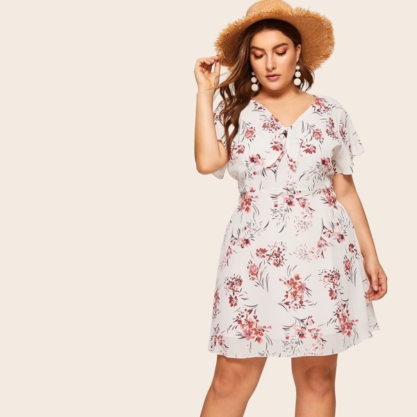 

Plus Floral Print Knot Neck Dress