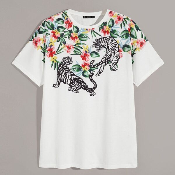 

Men Tiger & Floral Print Tee