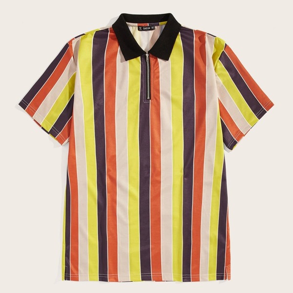 

Men Zip Front Colorful Striped Polo Shirt