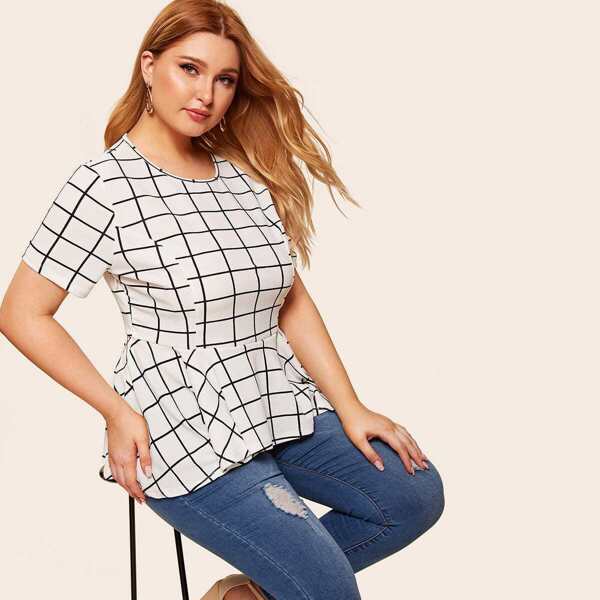 

Plus Asymmetrical Hem Grid Peplum Top