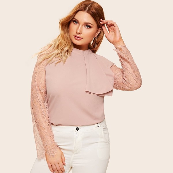 

Plus Mock-neck Ruffle Trim Lace Sleeve Blouse