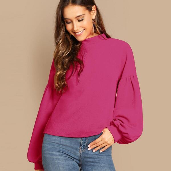 

Mock Neck Buttoned Back Lantern Sleeve Top