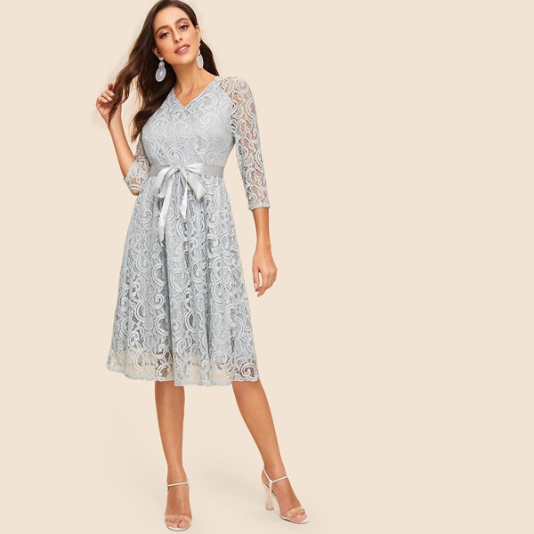 

50s Ribbon Tie Waist Lace Overlay Dress