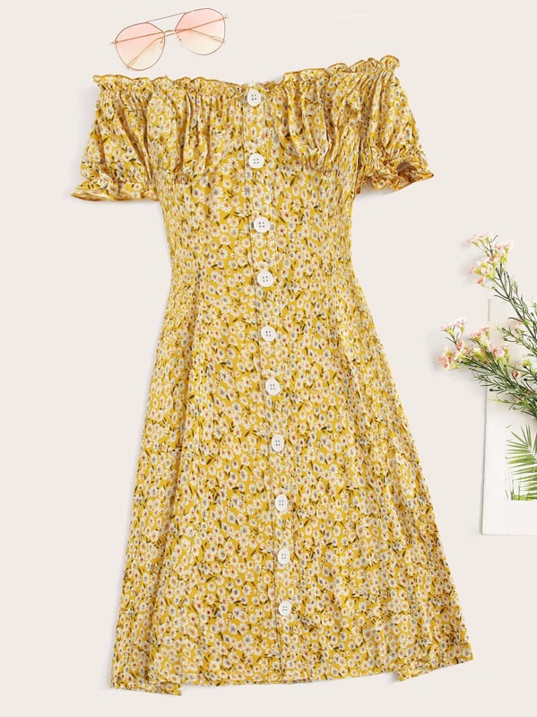 

Off Shoulder Single Breasted Floral Dress, Yellow
