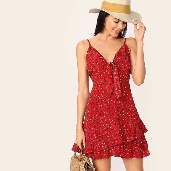 

Knot Front Ditsy Floral Print Ruffle Dress, Red