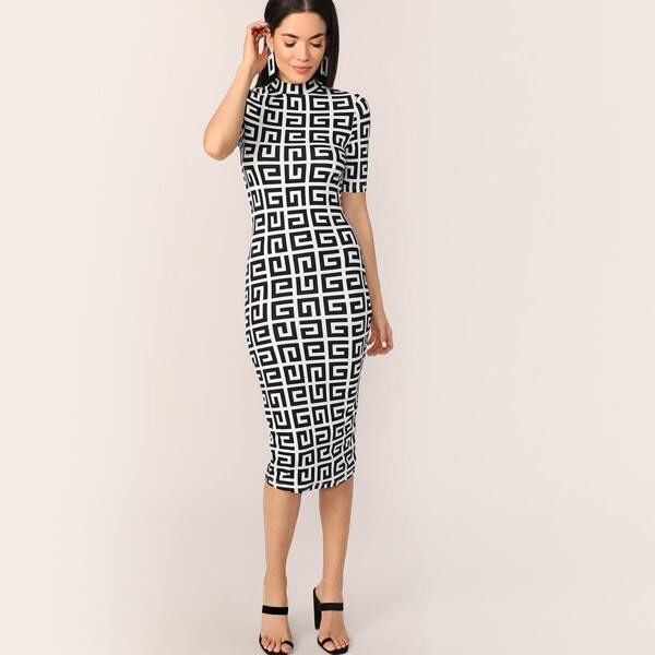 

Mock-neck Greek Fret Fitted Pencil Dress