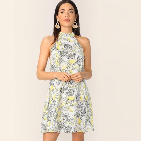 

Knot Back Lemon Print Trapeze Dress, Multicolor